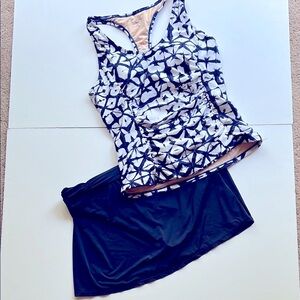 Garnet Hill Navy and Cream Tankini Top and Skirted Swimsuit Bottom Size 10